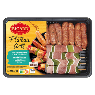 Plateau Grill Porc: 4 brochettes + 12 mini-saucisses, BIGARD, France,710g