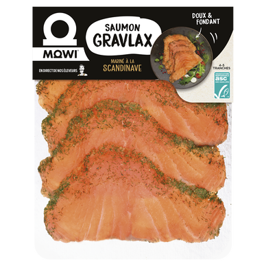 Saumon gravlax mariné à la scandinave, décongelé, transformé en France, barquette, 120g.