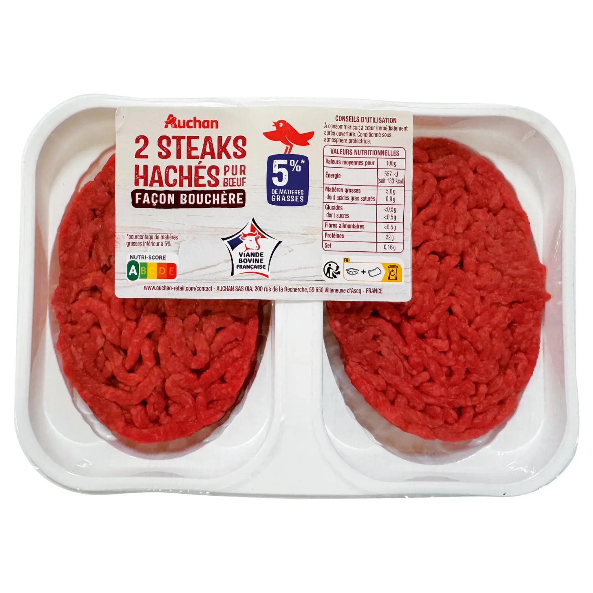 AUCHAN Steak hachés pur bœuf, façon bouchère 5%