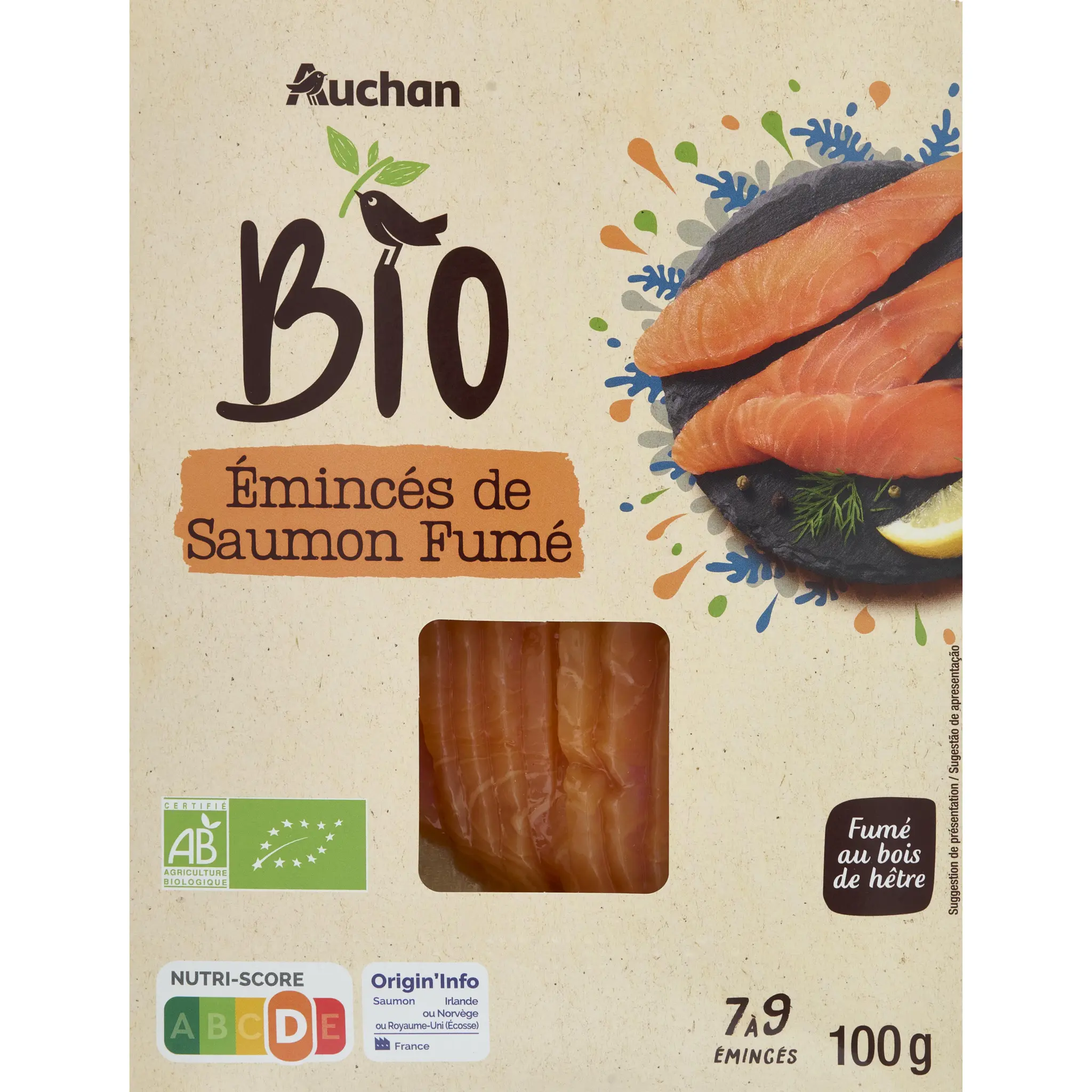 AUCHAN BIO Émincés de saumon fumé au bois de hêtre