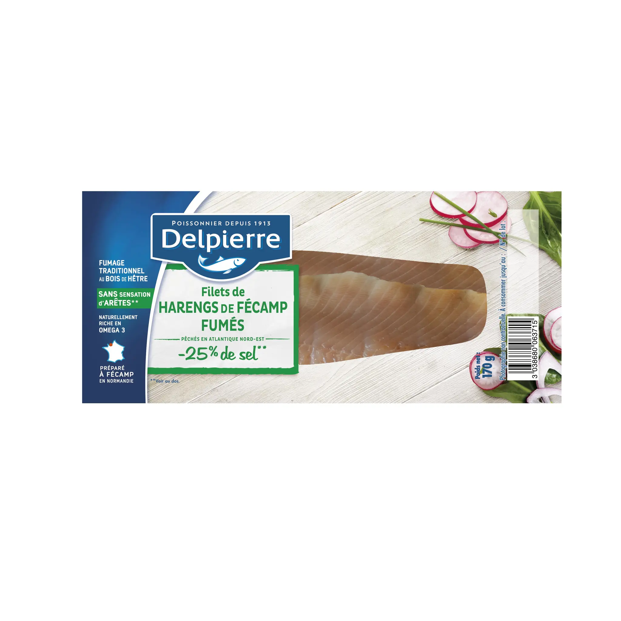 DELPIERRE Filet de hareng fumé MSC sans arrêtes allégé en sel -25%