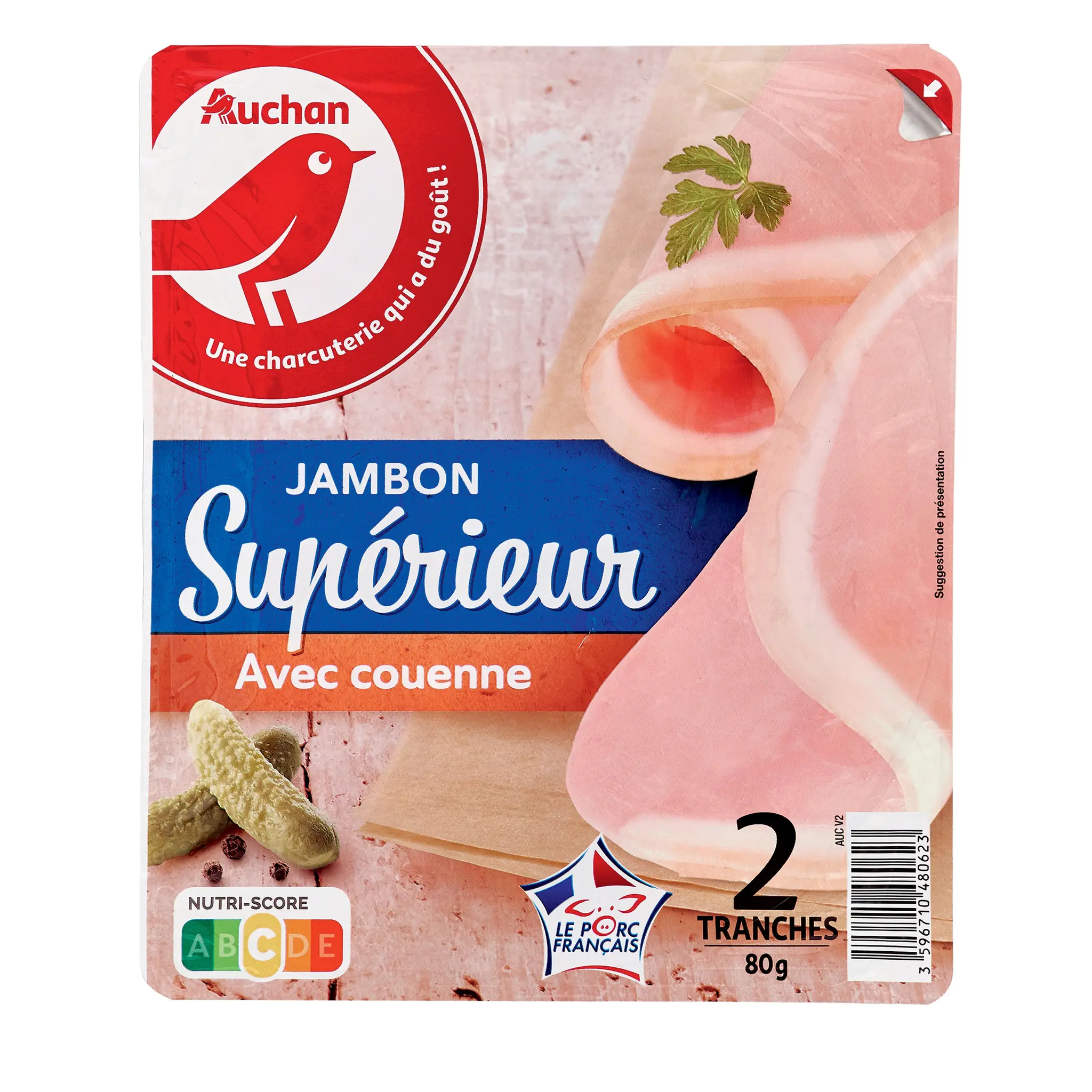 AUCHAN Jambon blanc supérieur avec couenne
