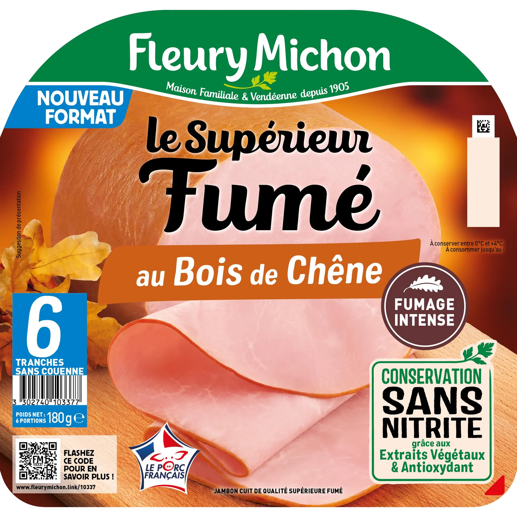 FLEURY MICHON Jambon le Supérieur fumé au bois de chêne sans couenne sans nitrite