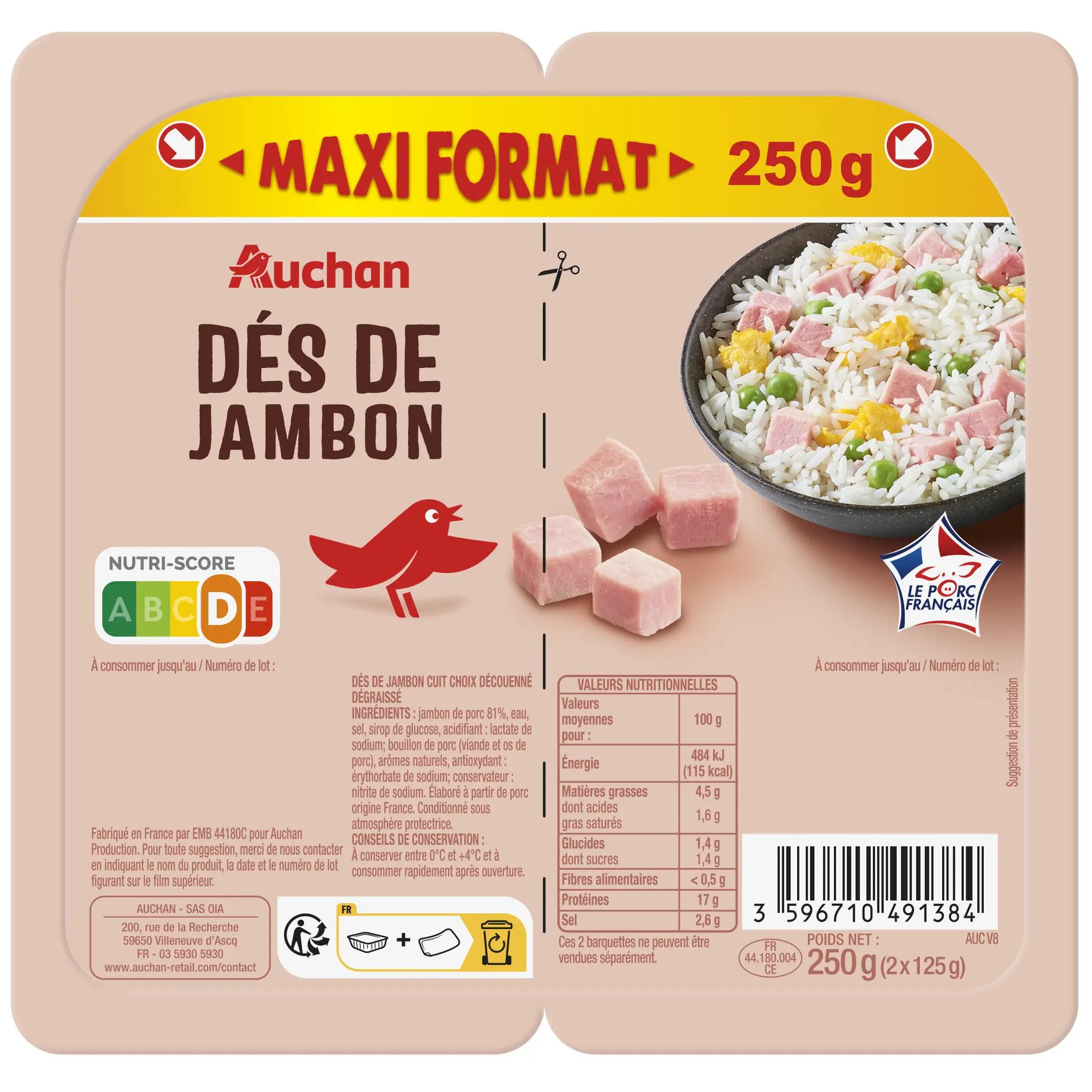 AUCHAN Dès de jambon nature