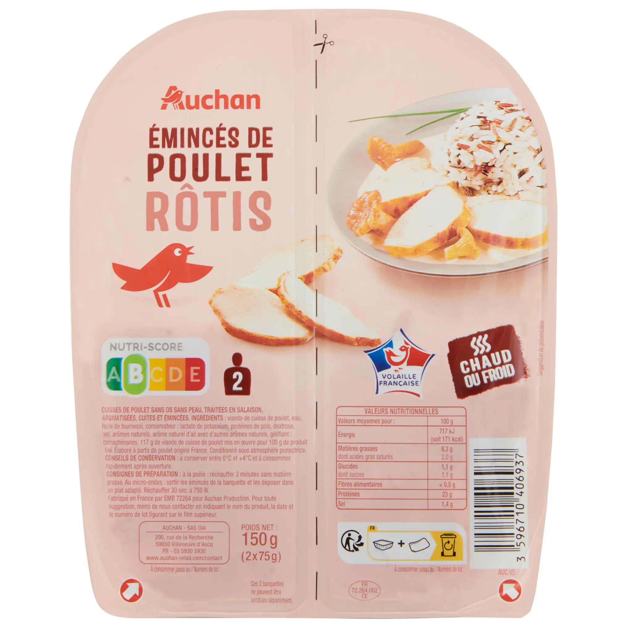 AUCHAN Emincés de poulet rôti