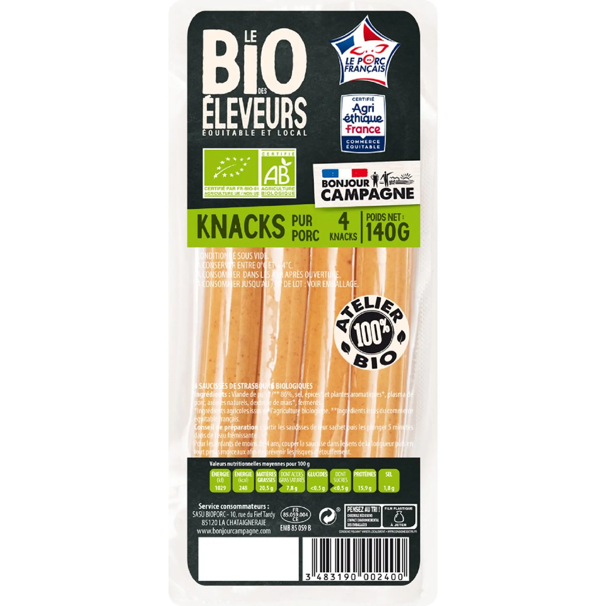 LE BIO DES ELEVEURS Knack pur porc bio