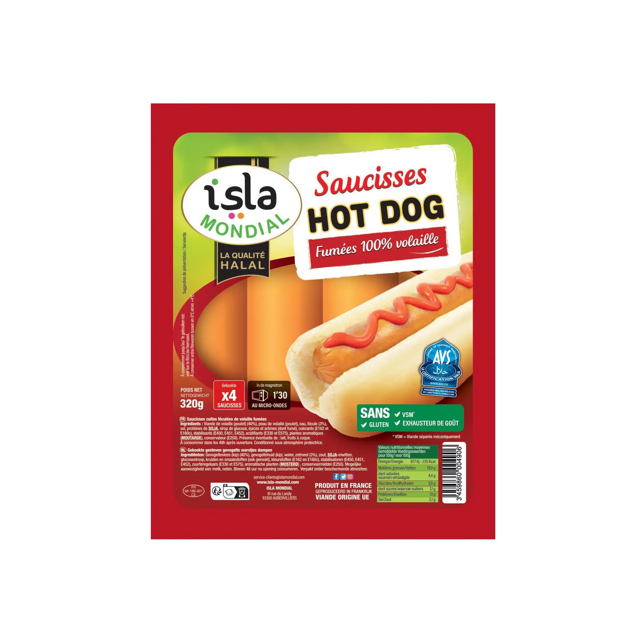 ISLA MONDIAL Saucisses fumées hot dog 100% volaille halal