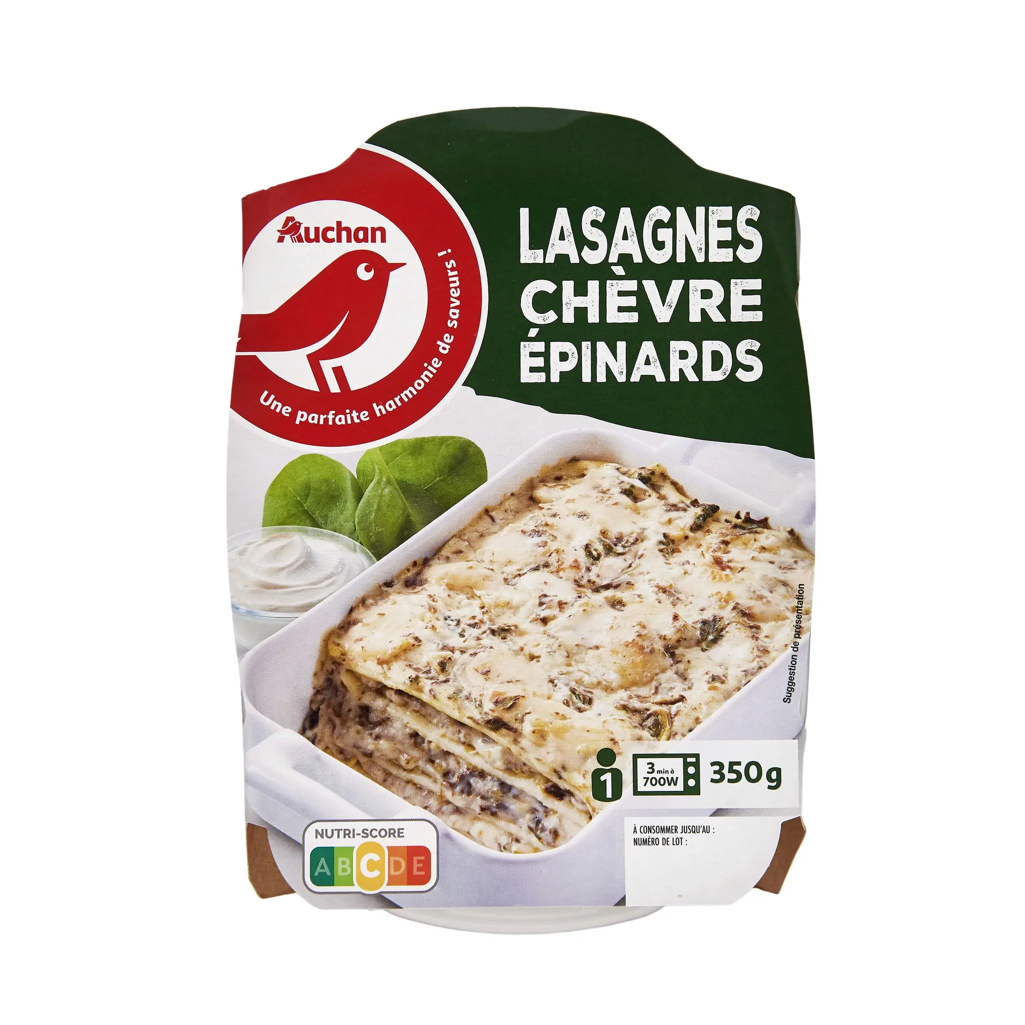 AUCHAN Lasagnes au chèvre et aux épinards sans couverts