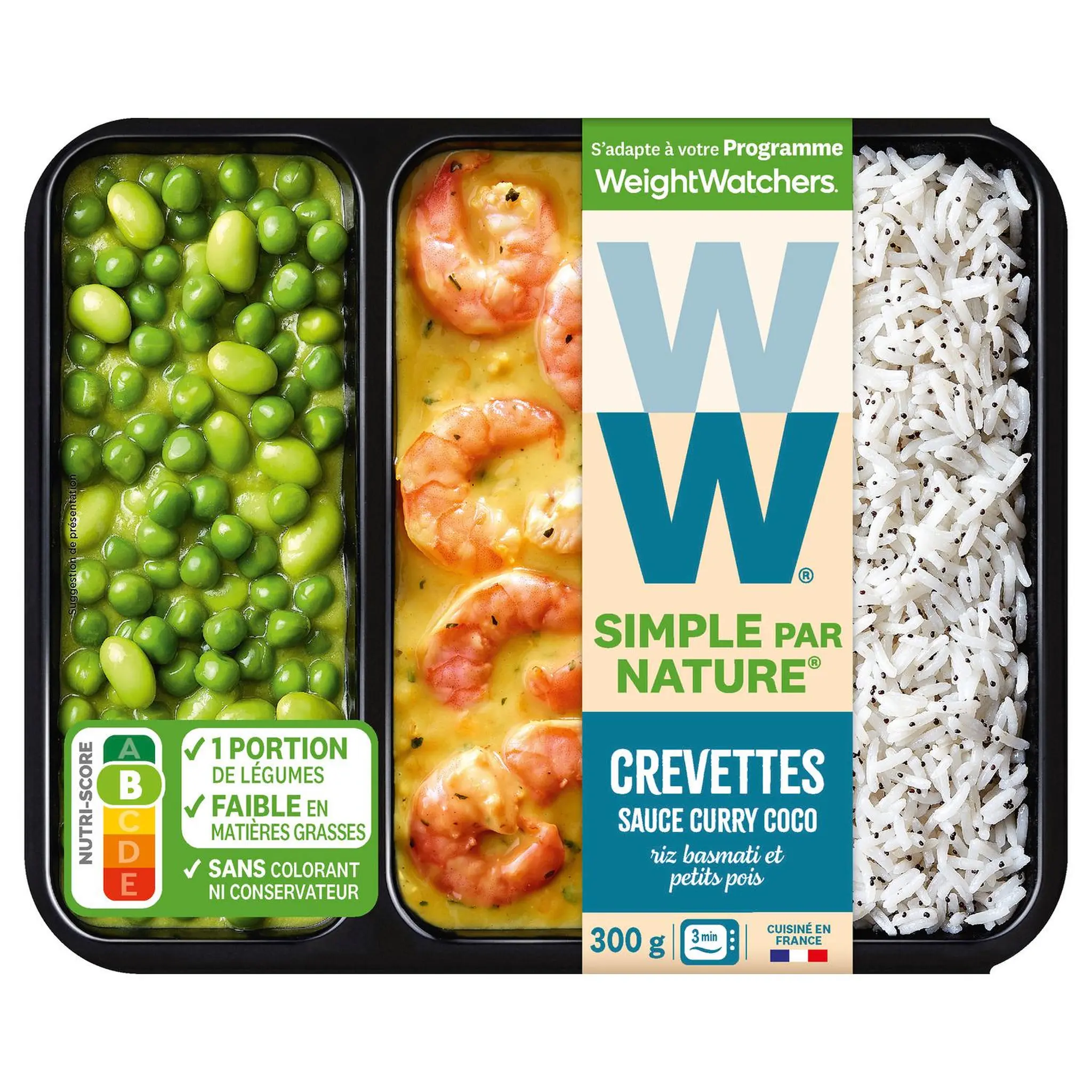 WW Crevettes sauce curry coco riz basmati et petits pois