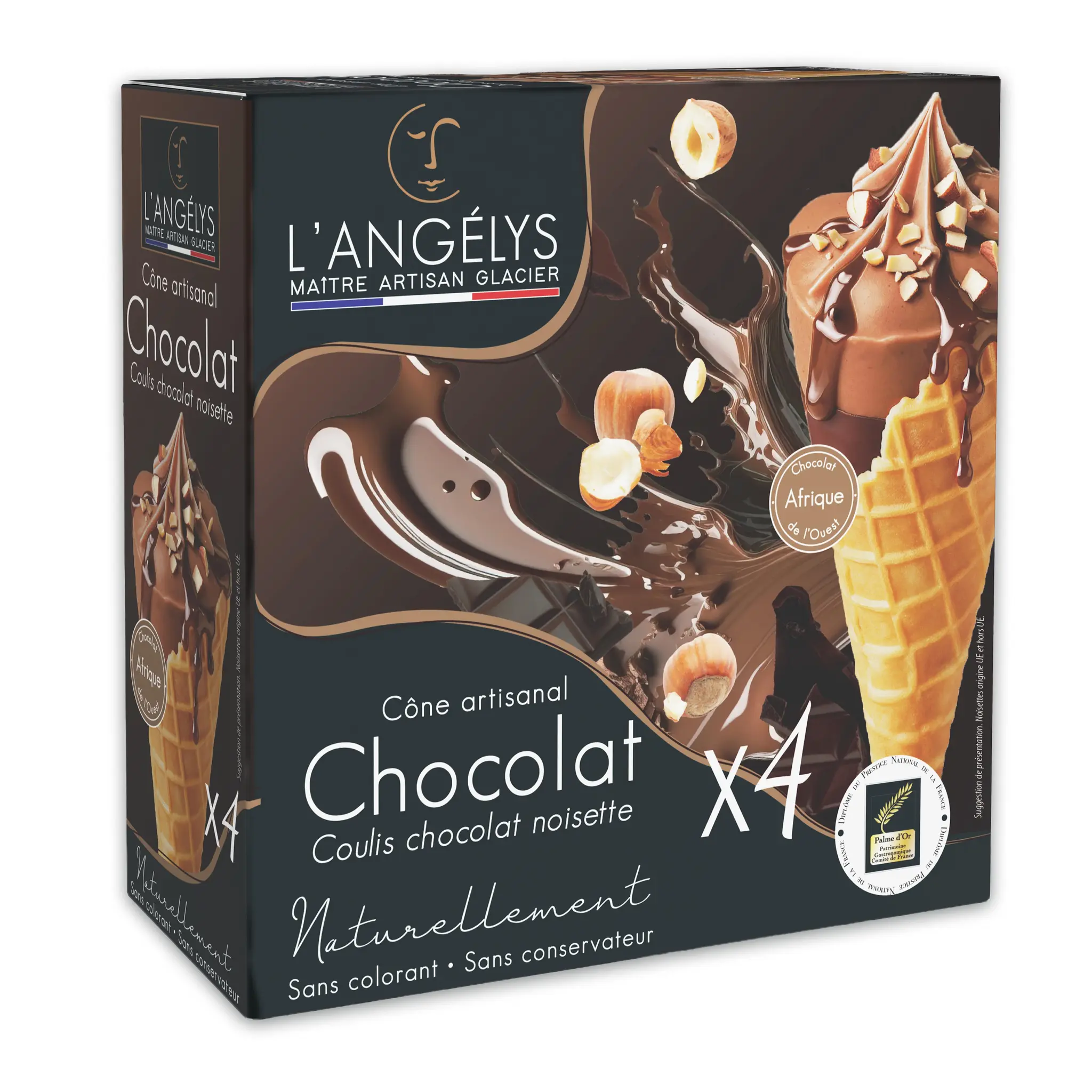 L'ANGELYS Cône Artisanal crème glacée chocolat coulis chocolat noisettes du Piémont