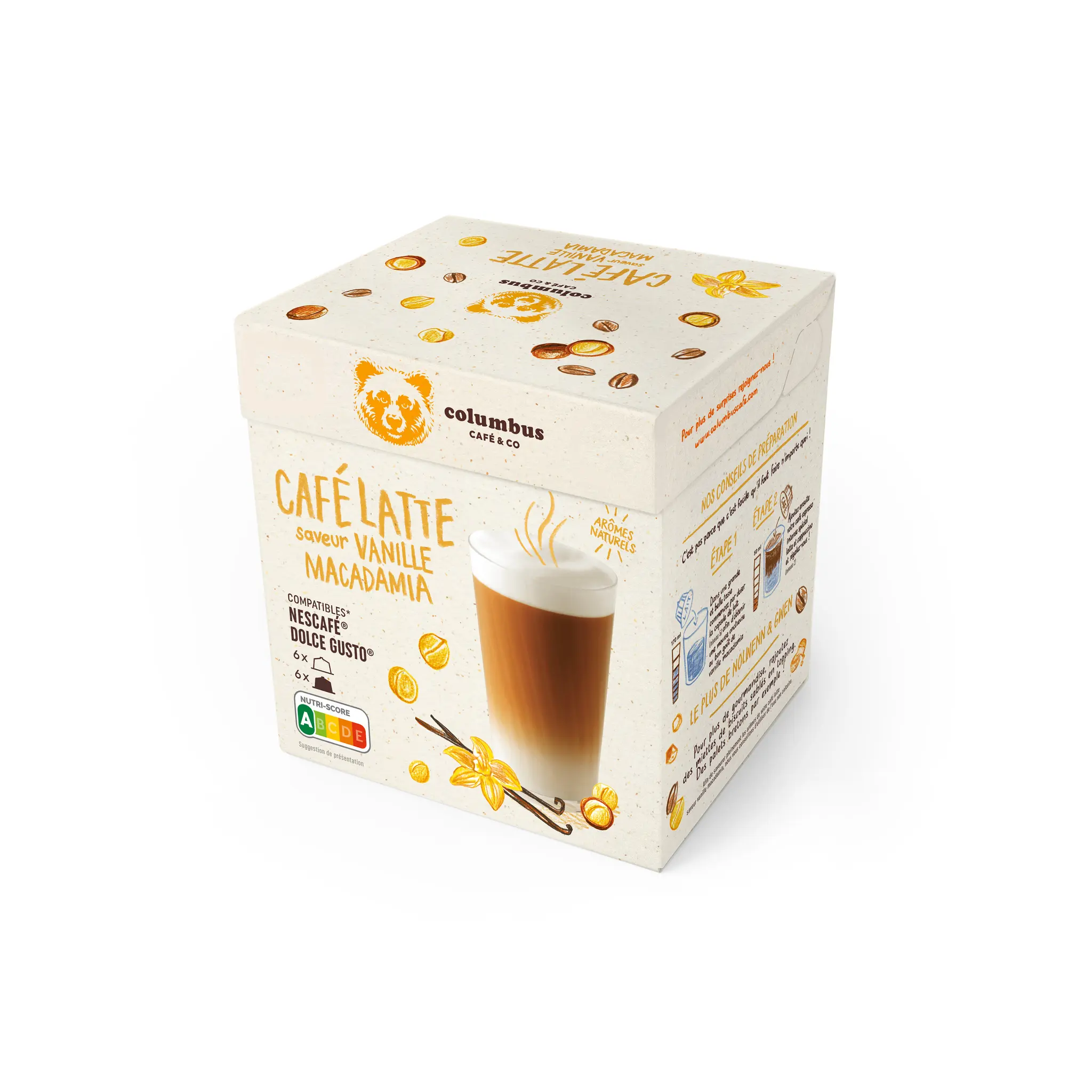 COLUMBUS Capsules de café latté saveur vanille macadamia compatibles Dolce Gusto