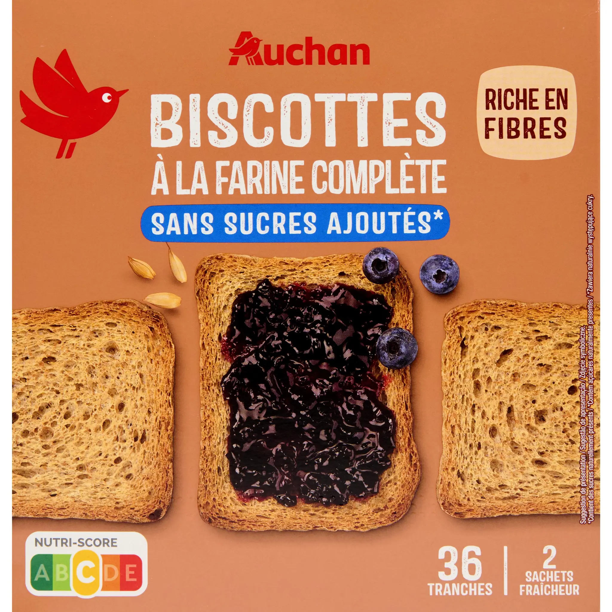 AUCHAN Biscottes au blé complet sans sucres ajoutés