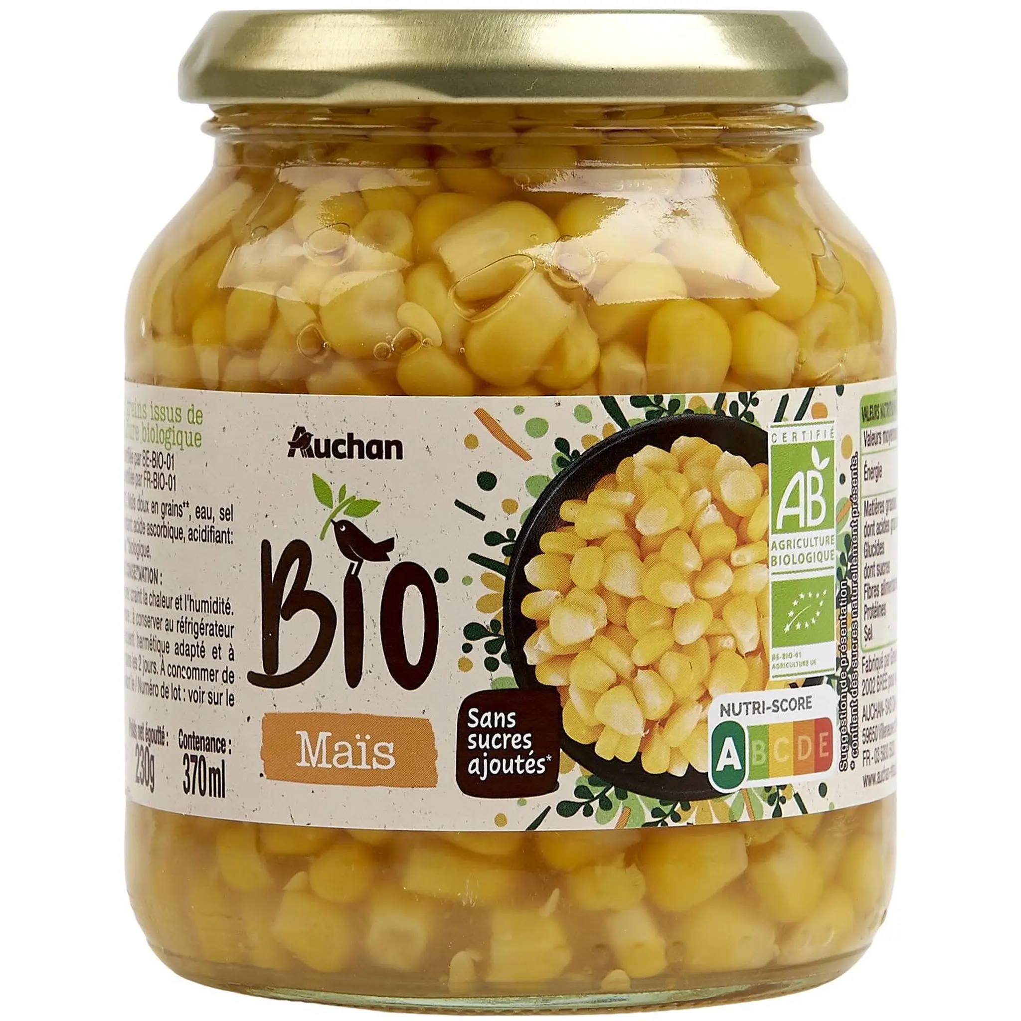 AUCHAN BIO Maïs doux sans sucres ajoutés en bocal
