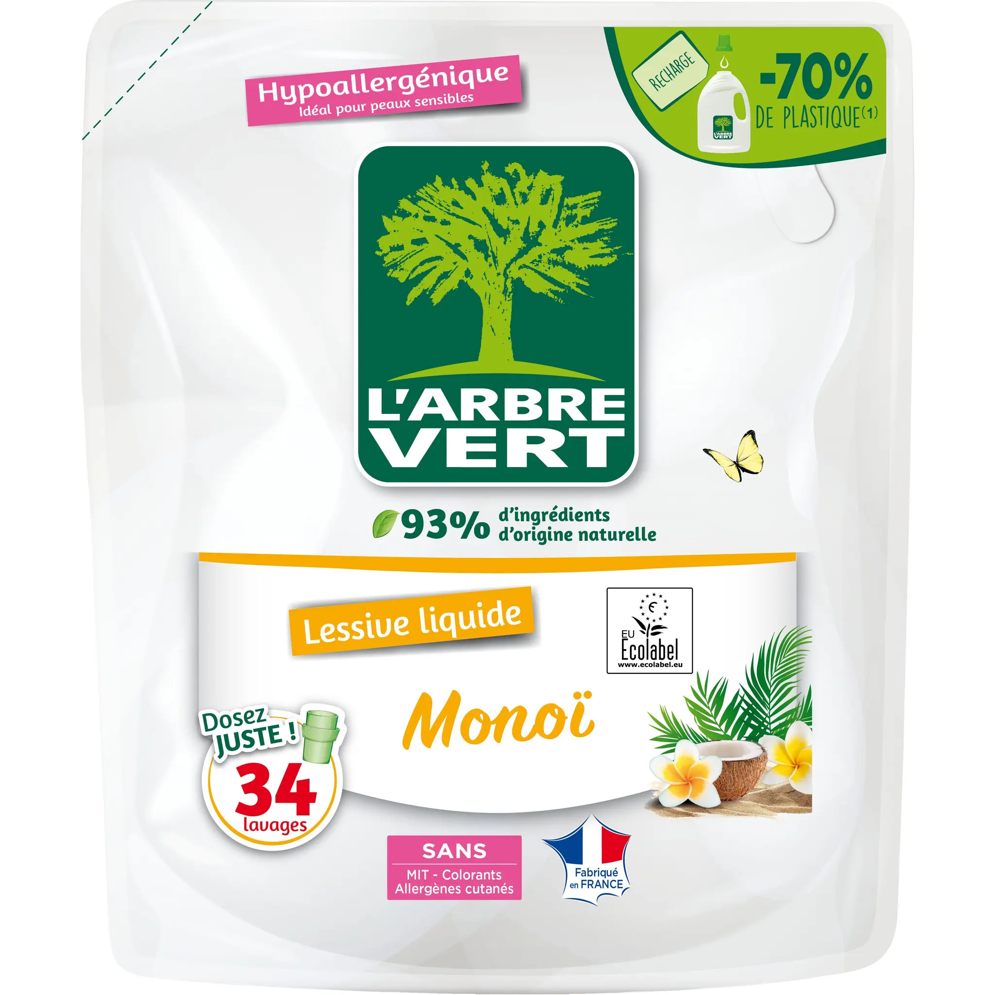 L'ARBRE VERT Lessive liquide hypoallergénique écologique ecolabel monoï
