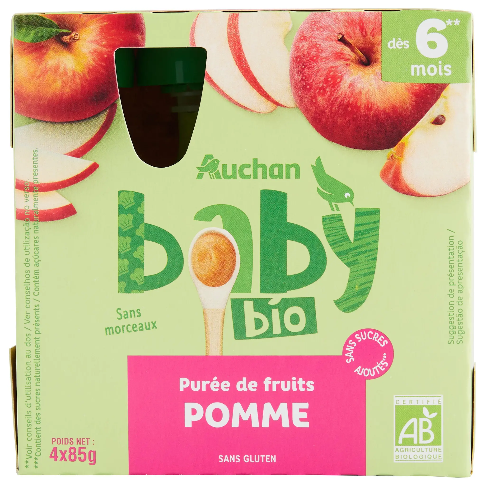 AUCHAN BABY BIO Gourde purée de fruits à la pomme dès 6 mois