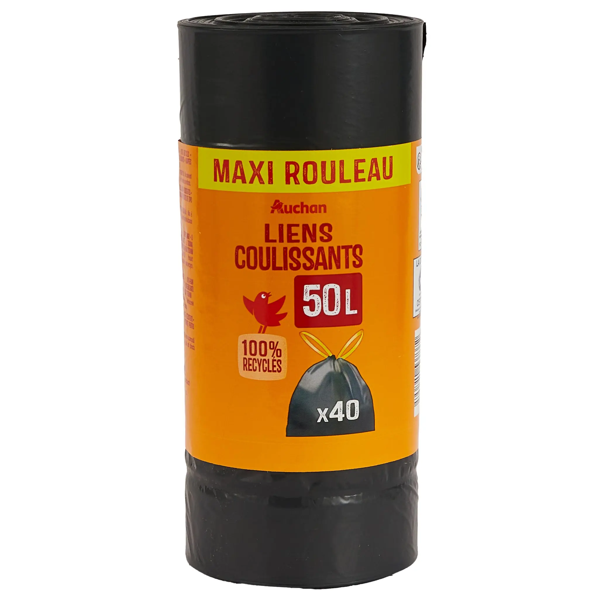 AUCHAN Sacs poubelle à liens coulissants 50L maxi rouleau