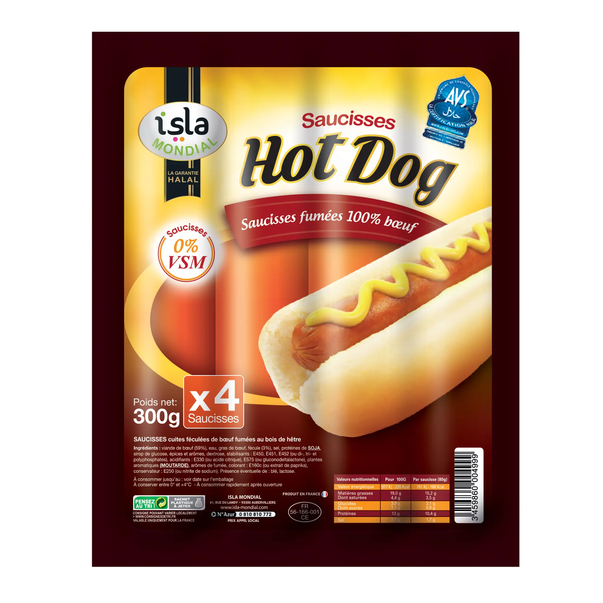 ISLA MONDIAL Saucisses fumées hot dog 100% boeuf halal