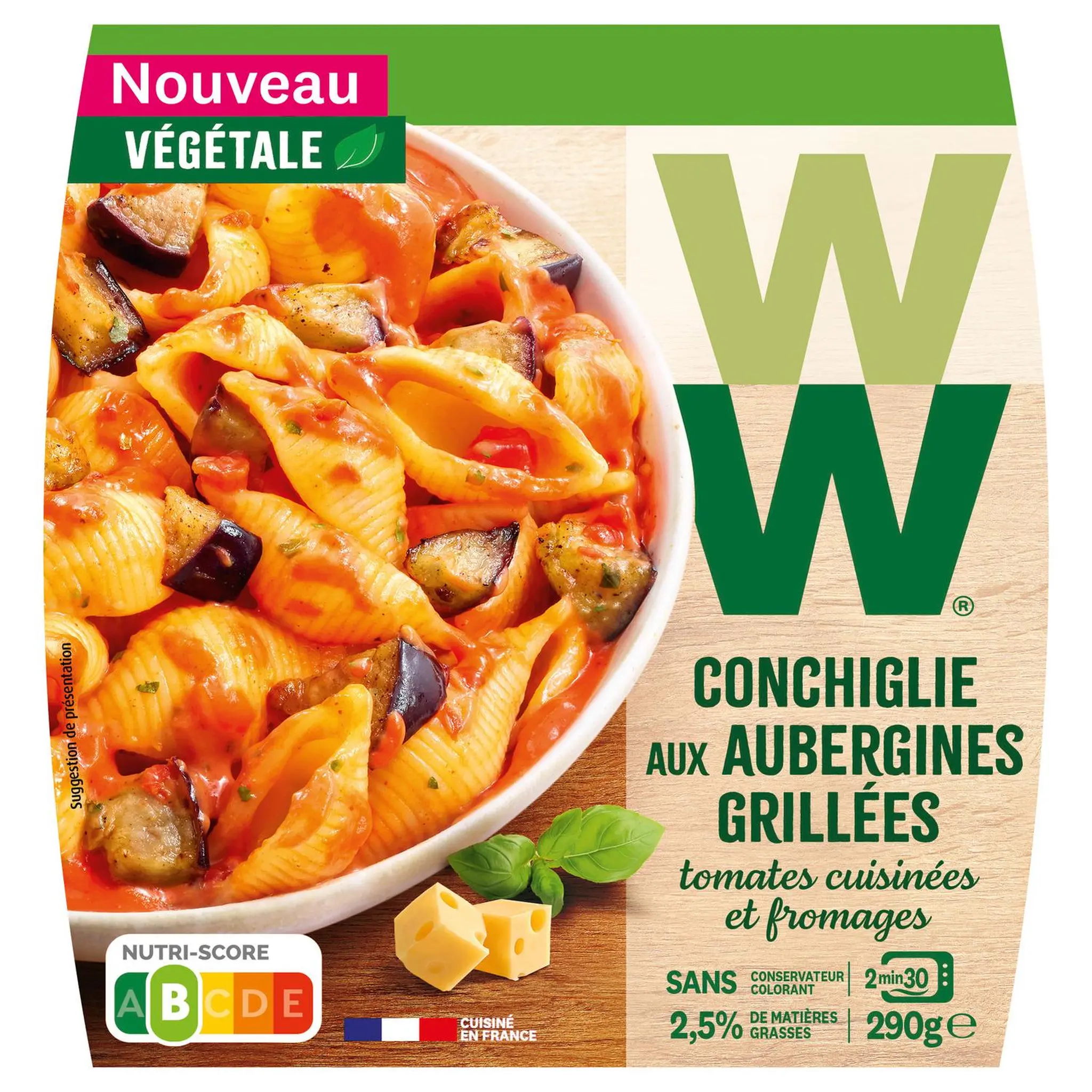 WW Conchiglie aux aubergines grillées, tomates cuisinées et fromages