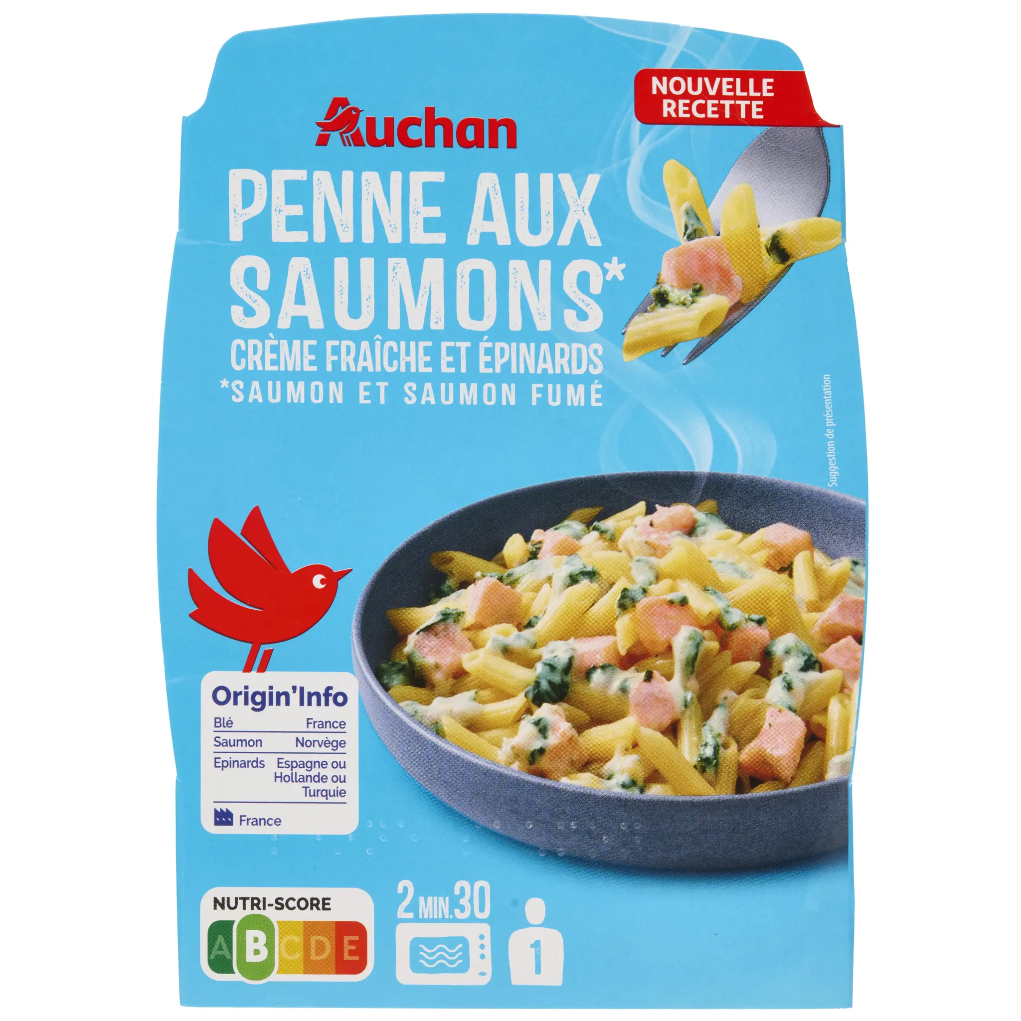 AUCHAN Penne au saumon et aux épinards