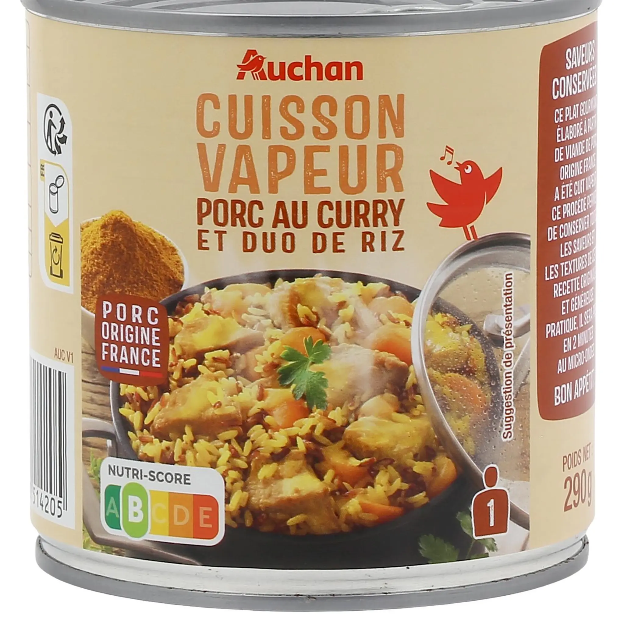 AUCHAN Cuisson vapeur porc au curry et duo de riz