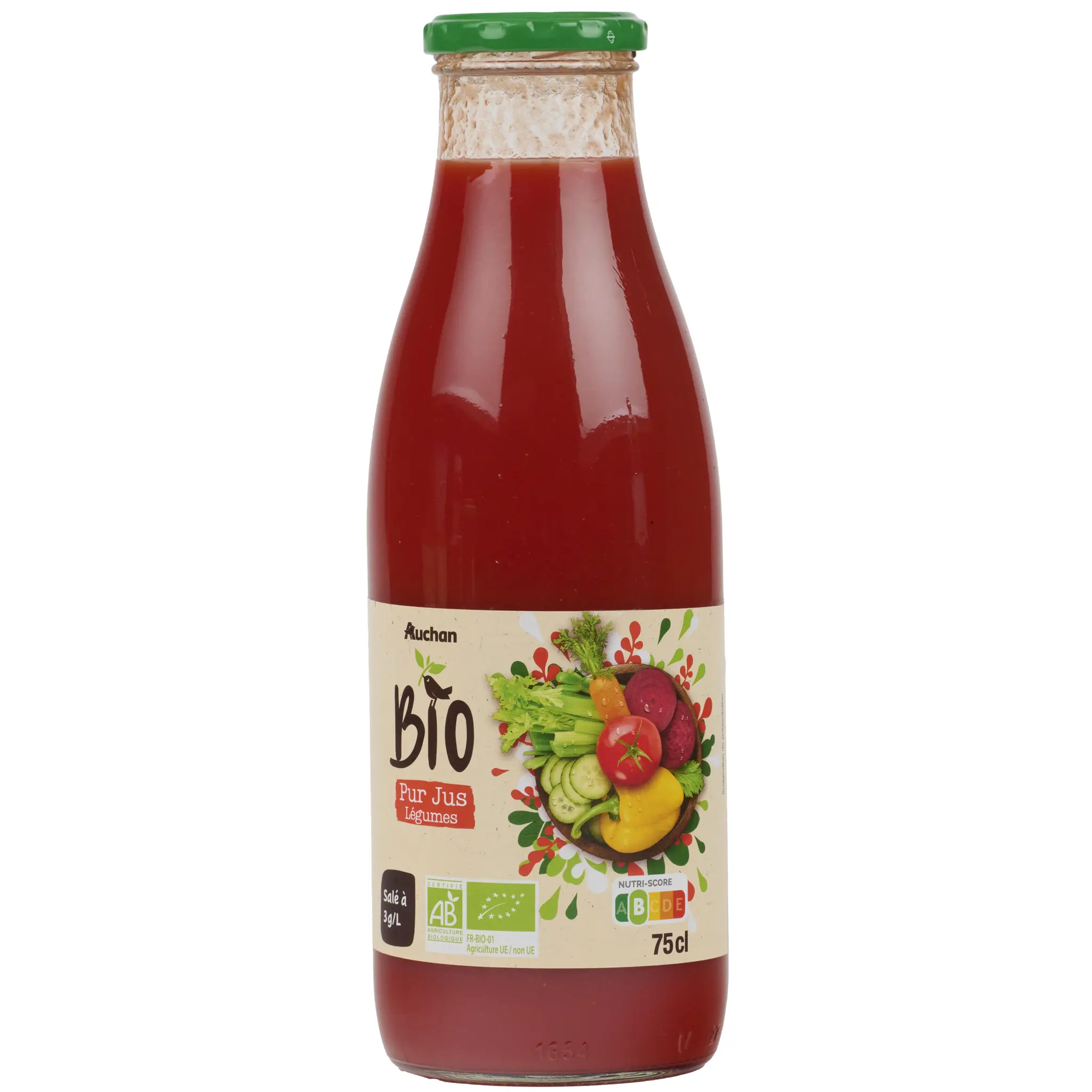 AUCHAN BIO Pur jus de légumes tomate carotte céleri bouteille verre
