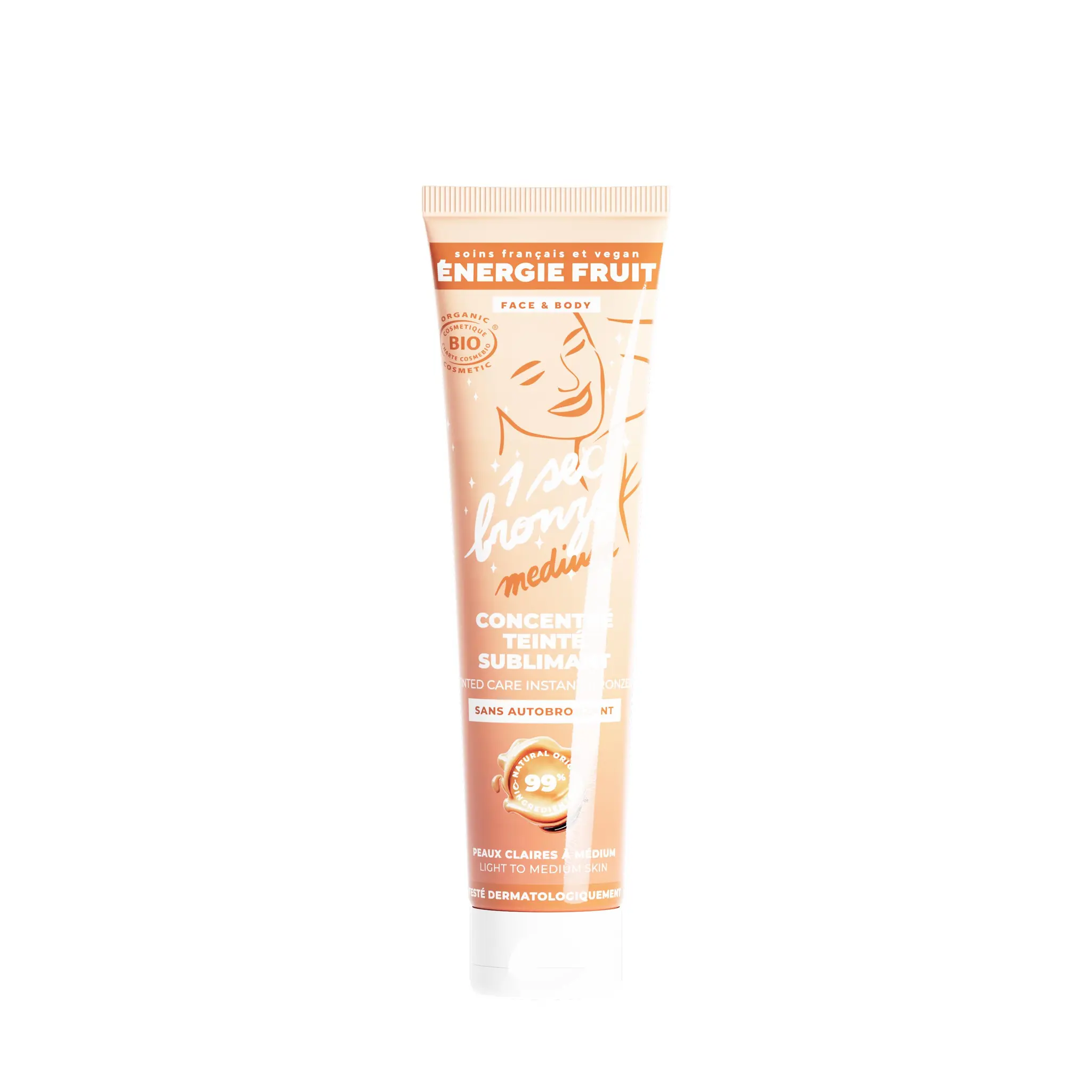 ENERGIE FRUIT 1 sec bronze médium Concentré teinté sublimant sans autobronzant visage et corps pour peaux claires à médium