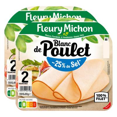 Fleury Michon Blanc de Poulet Taux de Sel Réduit, Lot de 2x80g