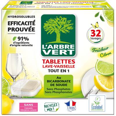 L'arbre Vert Tablette de Lave-Vaisselle Tout en 1 Hydrosolubles Parfum Citron, 32 tablettes