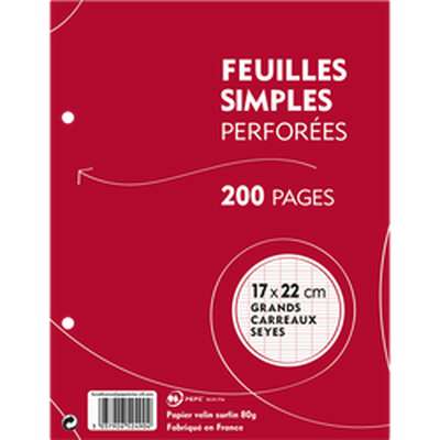 PETITES feuilles simples perforées blanches grands carreaux (7 x 22 cm, 200 feuilles)