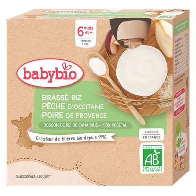 Gourde Brassé Végétal base Riz - Pêche d'Occitanie Poire de Provence BIO - dès 6 mois, Babybio (4 x 85 g)