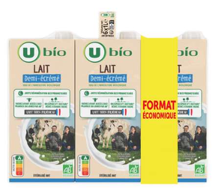 Pack de lait UHT demi-écrémé BIO, U Bio (6 x 1 L)