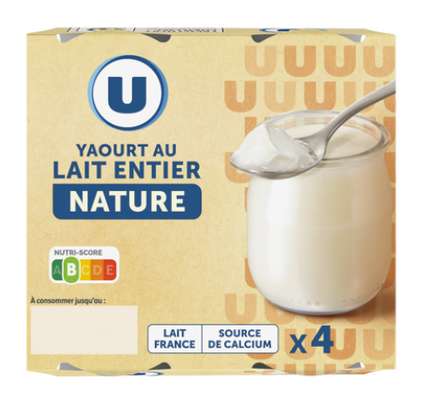 Yaourt nature au lait entier pot en verre, U (4 x 125 g)