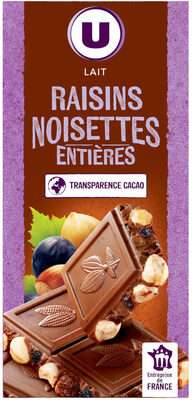 Tablette de chocolat au lait extra raisins et noisettes, U (200 g)