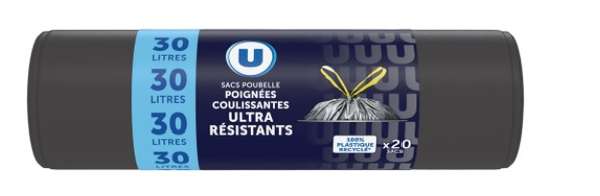 Sacs poubelle 100% recyclé ultra résistant liens coulissants, U (20 x 30L)