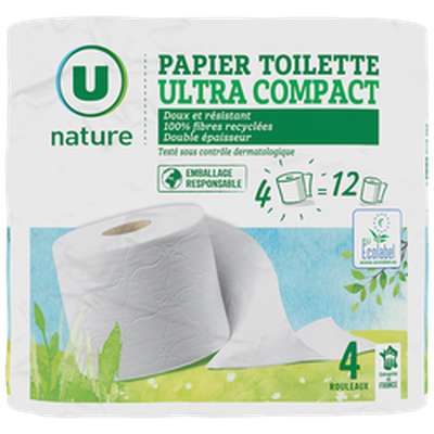Papier toilette en fibre recyclées double épaisseur ultra compact, U Nature (x 4, équivalent à 12 rouleaux)