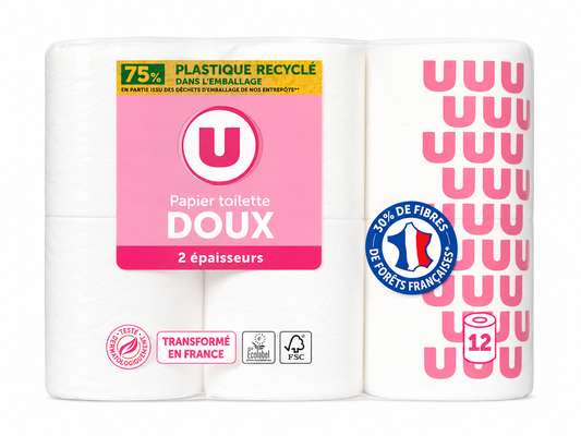 Papier toilette blanc doux double épaisseur, U (x 12 rouleaux)