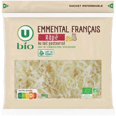 Emmental râpé français au lait pasteurisé 31%mg sachet zip, U BIO (350 g)