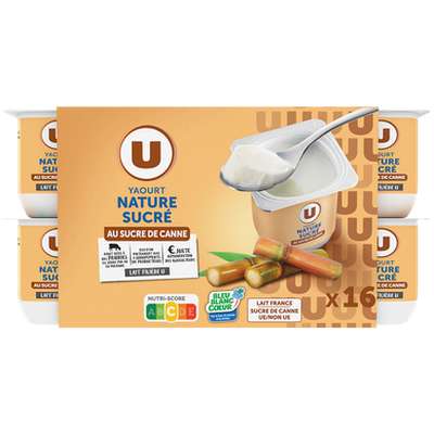 Yaourt nature sucré au sucre de canne, U (16 x 125 g)