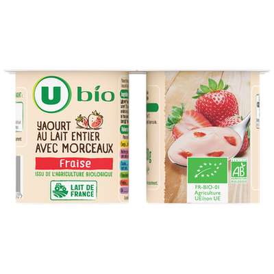 Yaourts brassés aux fraises au lait entier avec morceaux BIO, U (4 x 125 g)