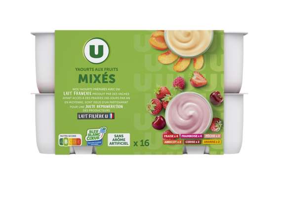 Yaourts brassés sucrés à la pulpe de fruits, U (16 x 125 g)