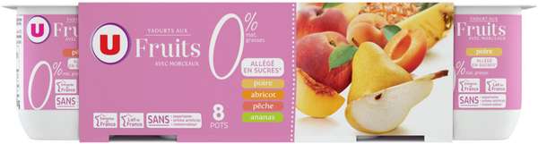 Yaourts 0% aux fruits jaunes et morceaux allégés en sucre, U (8 x 125 g)