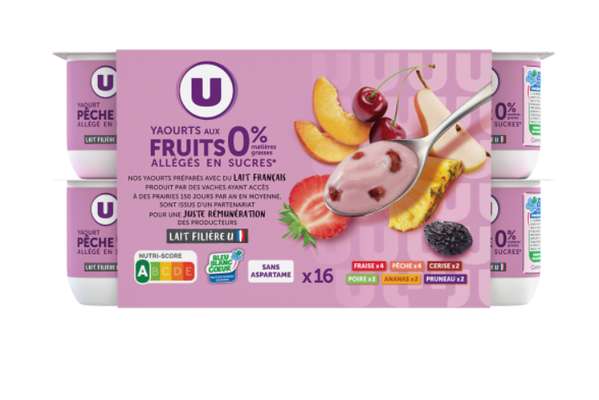 Yaourt 0% de matière grasse et allégé en sucres aux fruits, U (16 x 125 g)