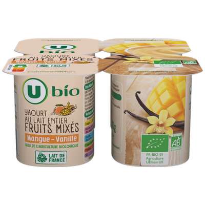 Yaourt lait entier aux fruits mixés mangue vanille BIO, U BIO (4 x 125 g)
