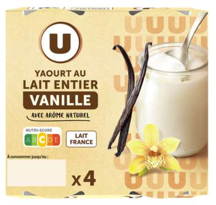 Yaourt au lait entier à la vanille pot en verre, U (4 x 125 g)