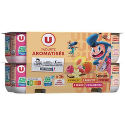 Yaourts sucrés aromatisés panachés, U (16 x 125 g)
