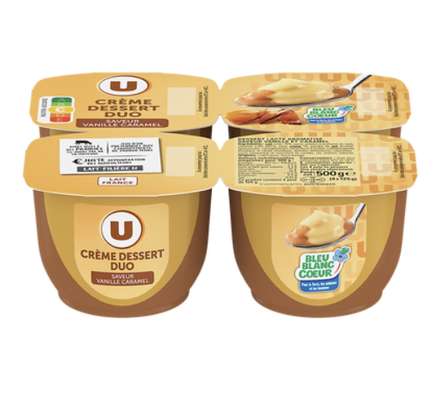 Crème dessert duo saveur vanille caramel, U (4 x 125 g)