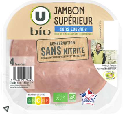 Jambon supérieur sans couenne conservation sans nitrite, U Bio (4 tranches, 140 g)