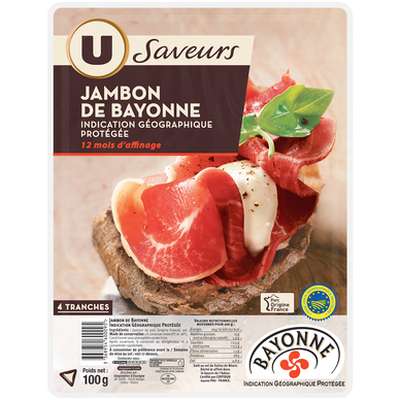 Jambon de Bayonne 12 mois, U Saveurs (4 tranches, 100g)