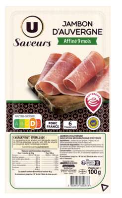 Jambon IGP d'Auvergne, U Saveurs (6 tranches, 100 g)