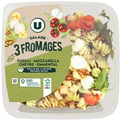 Salade 3 fromages fusili mozzarella chevre emmental sauce miel et aux deux moutardes, U (250 g)